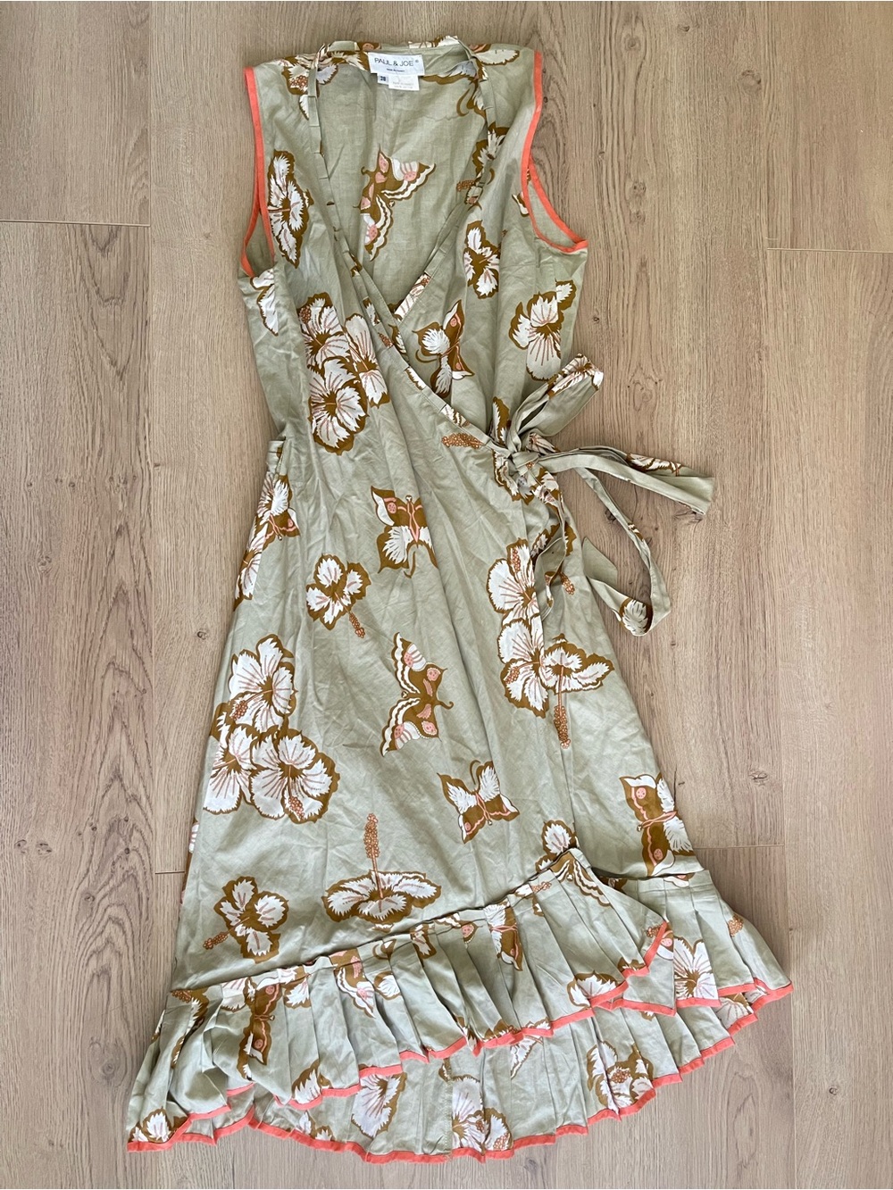 Paul & Joe Sage Green Floral Wrap Midi Dress with Coral Trim (38)